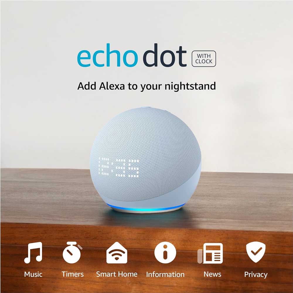 Bocina inteligente Echo Dot con reloj 5.ª generación y Alexa Azul