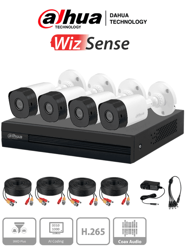 Kit 4 Canales 1 MP - 4 Camaras B1A11 policarbonato - Lente 2.8mm - ∢93° - DVR 4 CH +1 IP o Hasta 5 CH IP - SMD Plus Búsqueda de Humanos y Vehículos - 4 cables de 20 mts - fuentes de alimentacion - Pulpo de conexion